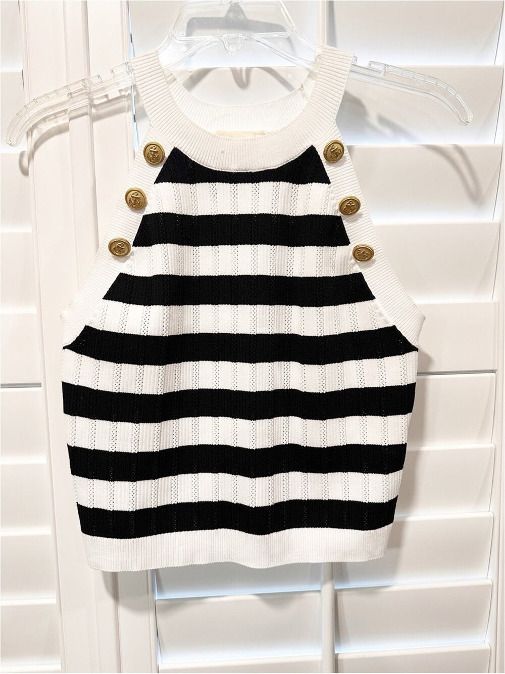 Happily Grey Black White Striped Sweater Tank Gold Anchor Buttons L Nautical